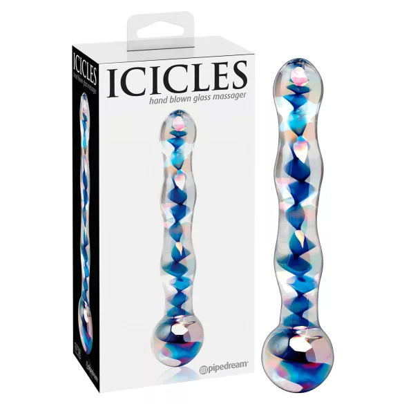 Icicles No. 08 - dubbeländad glasdildo - vågig - transparent/blå