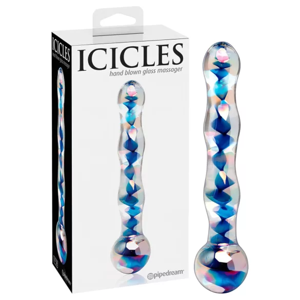 Icicles No. 08 - dubbeländad glasdildo - vågig - transparent/blå