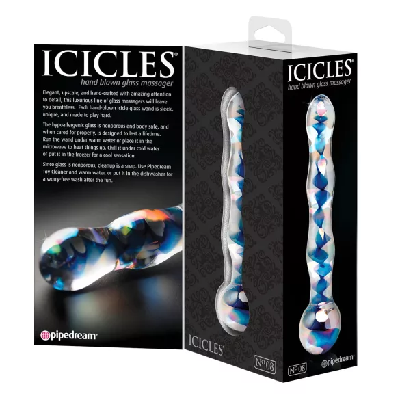 Icicles No. 08 - dubbeländad glasdildo - vågig - transparent/blå