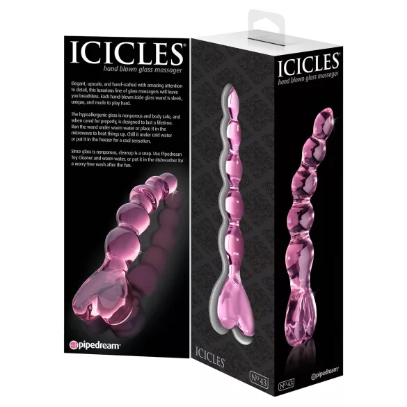 Icicles No. 43 - glaspdildo med pärlor och hjärta - rosa