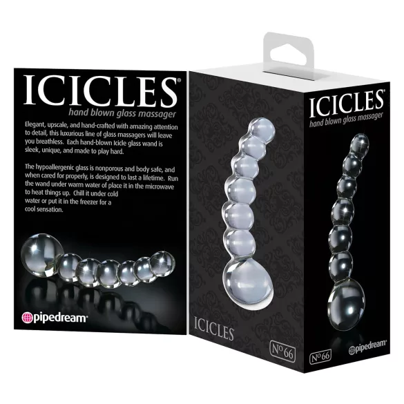 Icicles No. 66 - glasdildo böjd med kulor - transparent