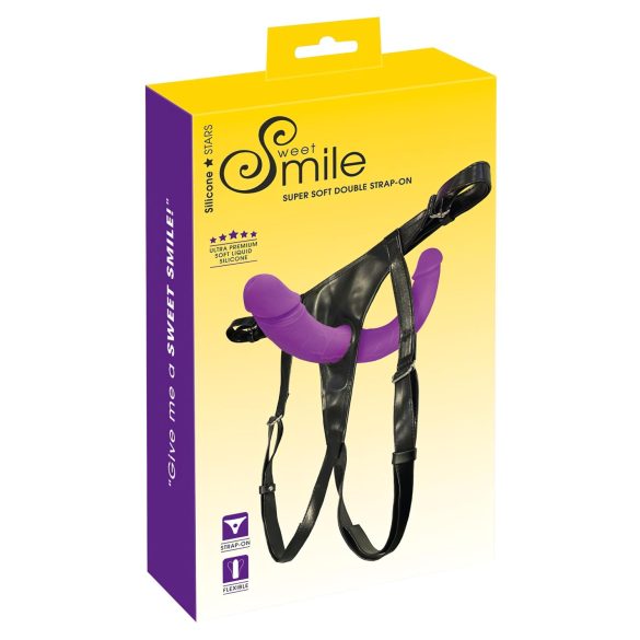 SMILE - strap-on dubbel dildo med byxa - silikon lila/svart