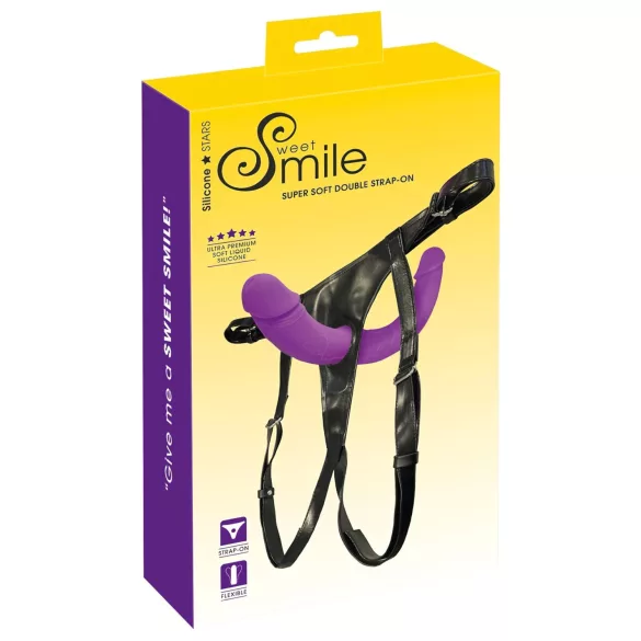 SMILE - strap-on dubbel dildo med byxa - silikon lila/svart
