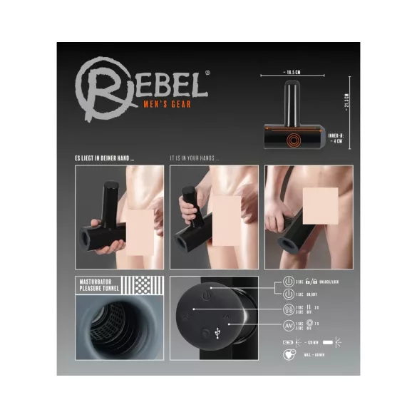 Rebel - automatisk masturbator med rörelse och vibration - svart