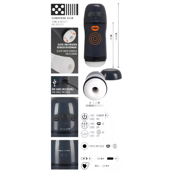 Rebel - masturbator med sugfunktion och vibration - svart