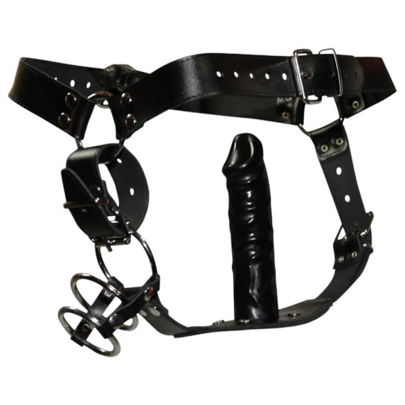 ZADO - läderstring med dildo & tre penisringar - L/XL