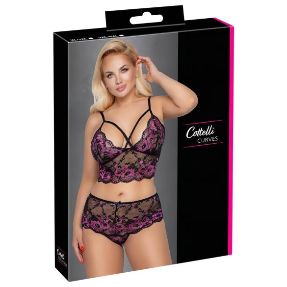 Cottelli Plus Size - blommigt bh-set (svart/lila) - 3XL/4XL