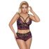 Cottelli Plus Size - blommigt bh-set (svart/lila) - 3XL/4XL