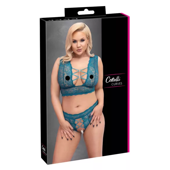 Cottelli Curves - snörliv sets i spetsunderkläder (blå) - 2XL