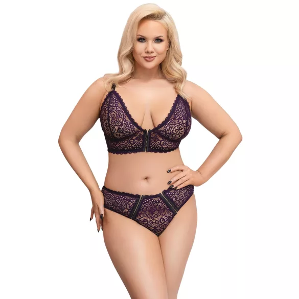 Cottelli Plus Size - transparent mönstrad BH-set (lila) - 2XL