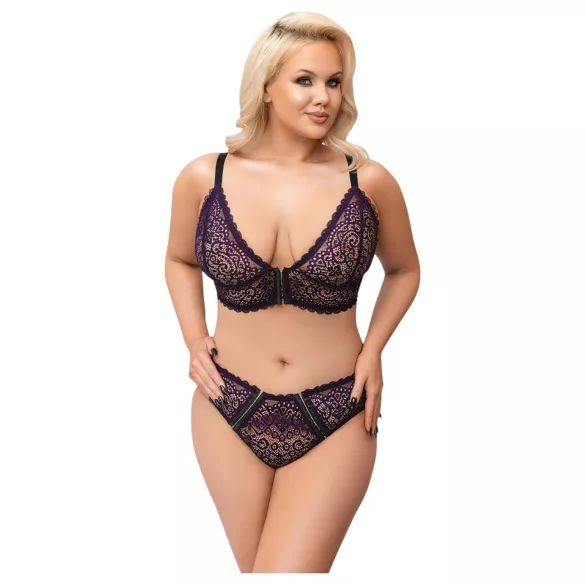 Cottelli Plus Size - transparent mönstrad BH-set (lila) - 2XL