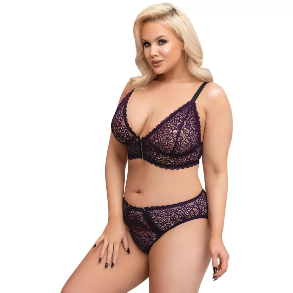 Cottelli Plus Size - transparent mönstrad BH-set (lila) - 2XL