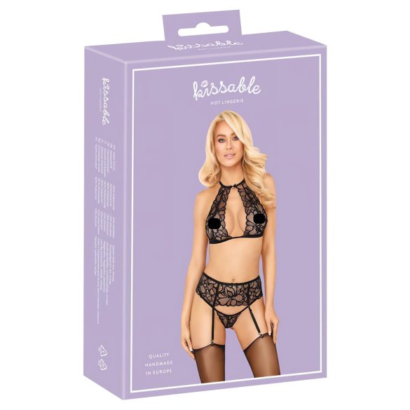 Kyssbar spets-bh set med halsband (svart)