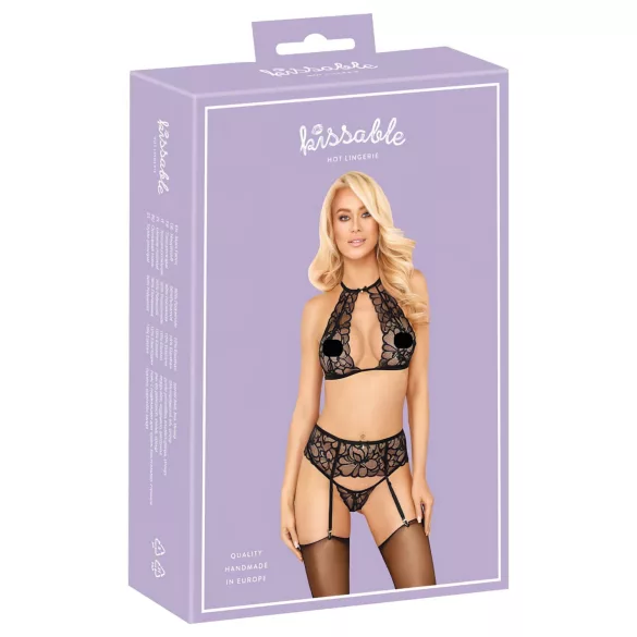 Kyssbar spets-bh set med halsband (svart)