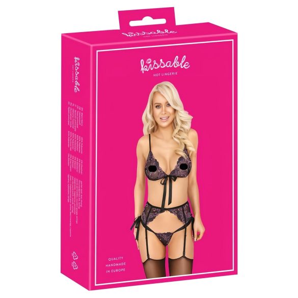 Kyssbart - svart bh-set med rosa-lila broderi - L/XL