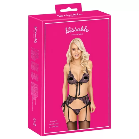 Kyssbart - svart bh-set med rosa-lila broderi - L/XL