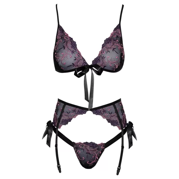 Kyssbart - svart bh-set med rosa-lila broderi - L/XL