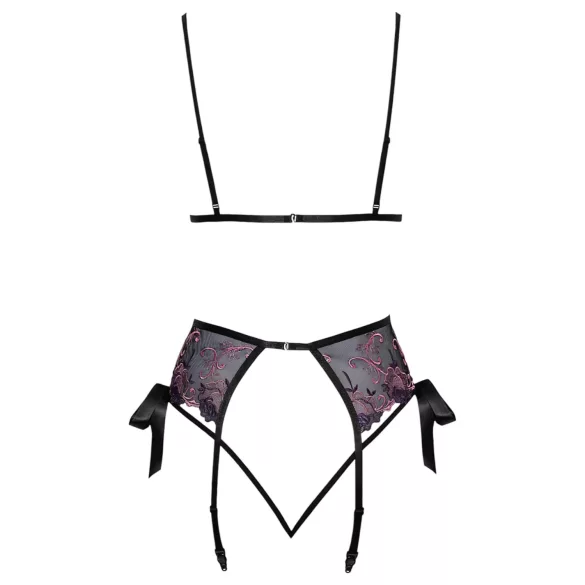 Kyssbart - svart bh-set med rosa-lila broderi - L/XL
