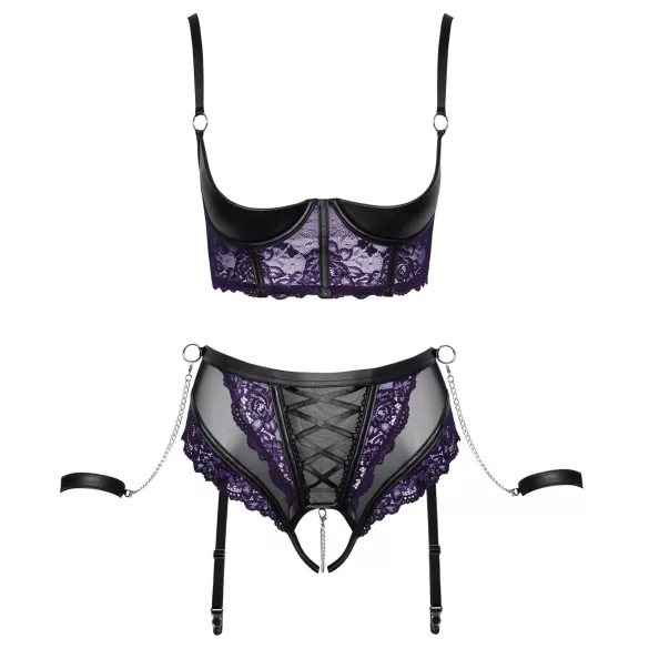 Cottelli Bondage - bh‑set med armbojor (svart‑lila)