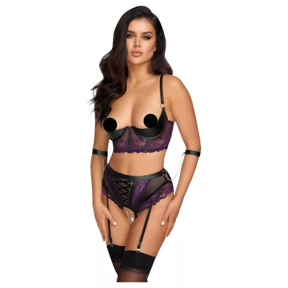 Cottelli Bondage - bh‑set med armbojor (svart‑lila) - M