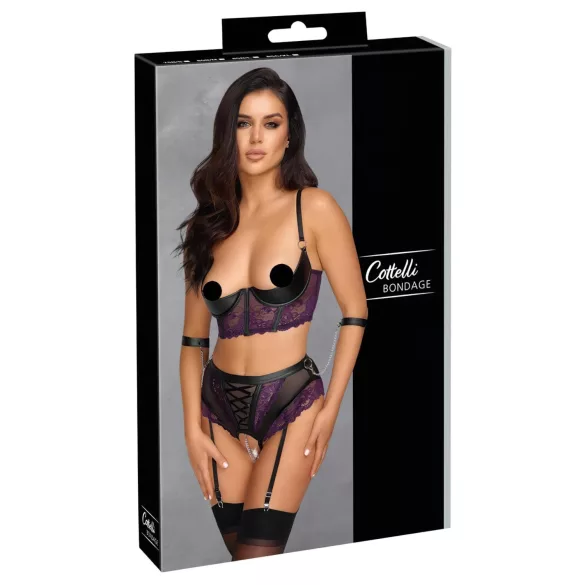 Cottelli Bondage - bh‑set med armbojor (svart‑lila) - M