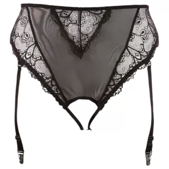 Cottelli Plus Size - spetsstringtrosa med strumpeband (svart) - XXXXL