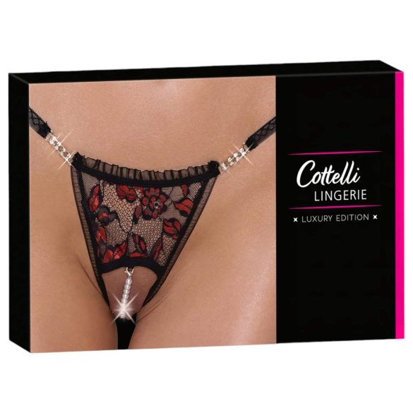 Cottelli - Lyxig svart trosa med rosor och pärlor - M/L