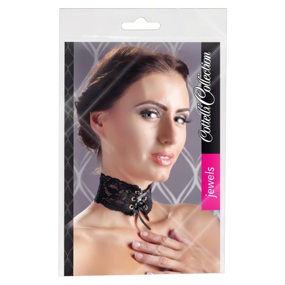 Cottelli - Bred spets choker med snörning (svart)