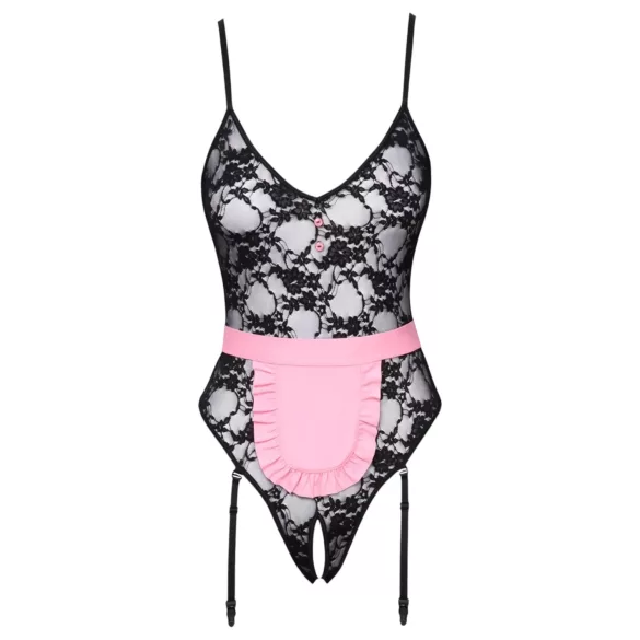 Cottelli - transparent fransk hembiträdesdräkt - svart/rosa