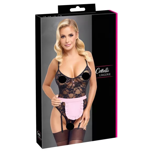Cottelli - transparent fransk hembiträdesdräkt - svart/rosa - M