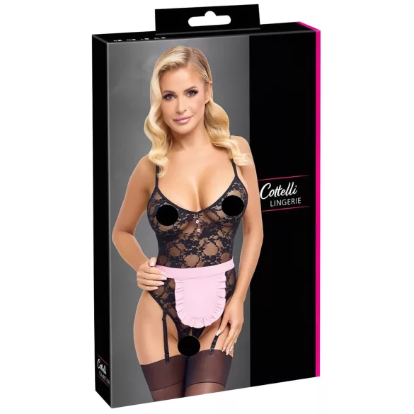 Cottelli - transparent fransk hembiträdesdräkt - svart/rosa - M