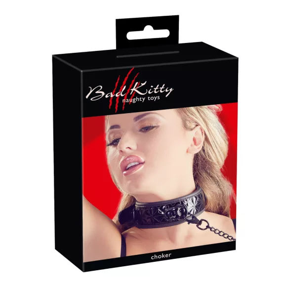 Bad Kitty - halsband och koppel med strasstenar - svart