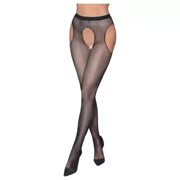 Cottelli Legwear - öppna, glansiga, svarta strumpbyxor (S-L)
