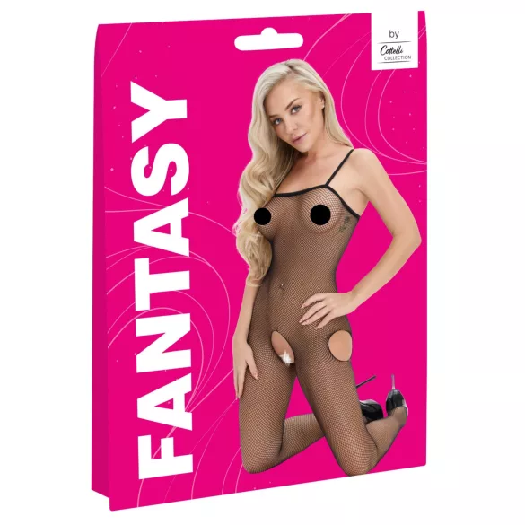 Cottelli Fantasy - svart nätkroppsstrumpa med höftutskärningar och öppen gren (S-L)