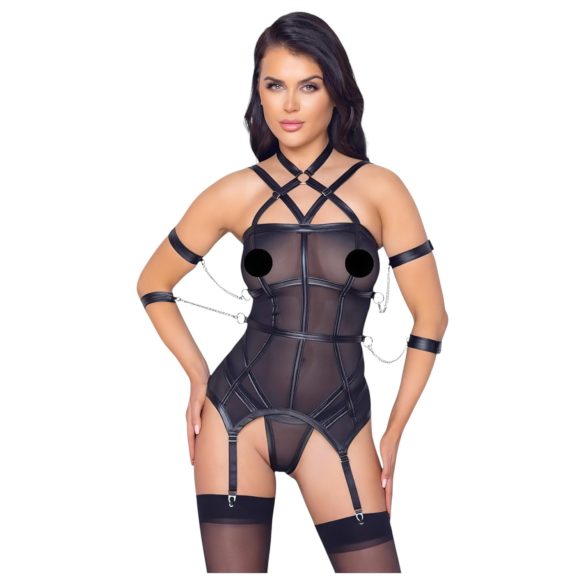 Cottelli Bondage - topp med remmar, handbojor och stringtrosor (svart) - L