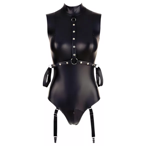 Cottelli Bondage - ärmlös glänsande body med handbojor - svart - XL