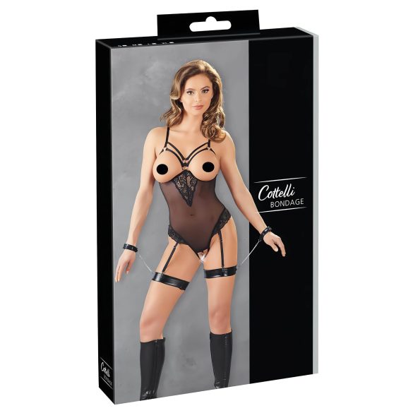 Cottelli Bondage - svart body med metallringar och handledsmanschetter - M