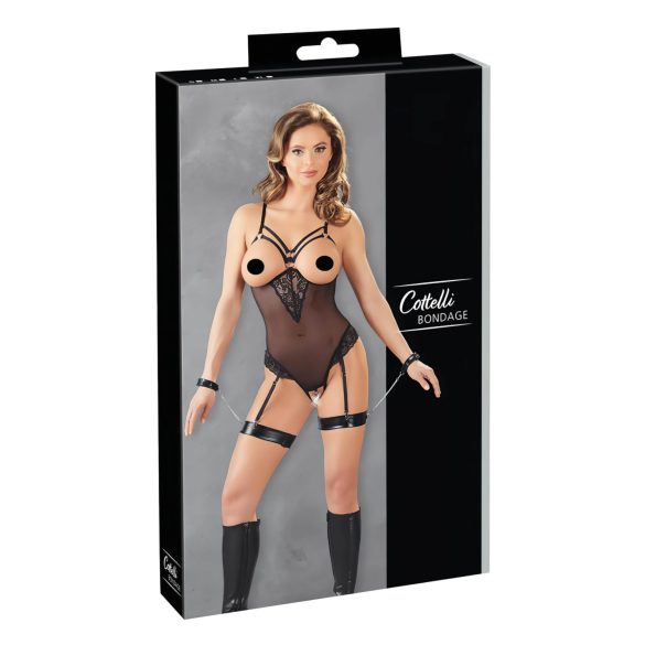 Cottelli Bondage - svart body med metallringar och handledsmanschetter - XL