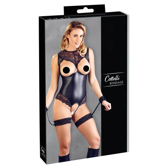 Cottelli Bondage - glansig öppen body med handbojor (svart)