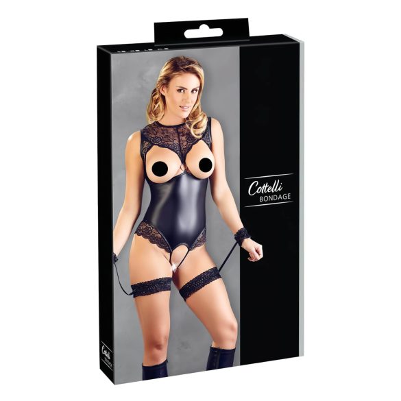 Cottelli Bondage - glansig öppen body med handbojor (svart) - M