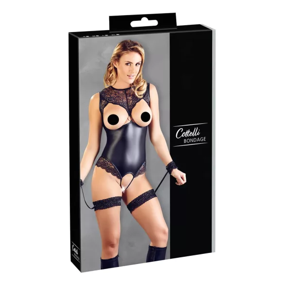 Cottelli Bondage - öppen body med handbojor - glänsande svart - XL