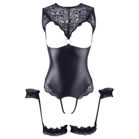 Cottelli Bondage - öppen body med handbojor - glänsande svart - XL