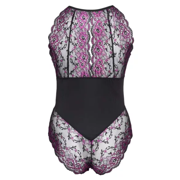 Cottelli Plus Size - spetsbody med blommor - svart/lila