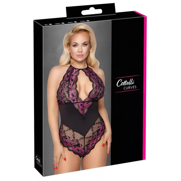 Cottelli Plus Size - spetsbody med blommor - svart/lila - 2XL