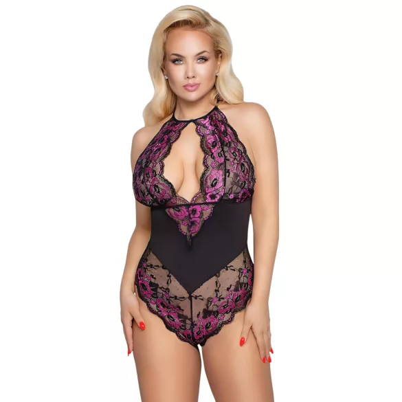 Cottelli Plus Size - spetsbody med blommor - svart/lila - 2XL