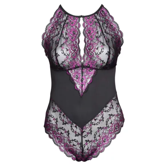 Cottelli Plus Size - spetsbody med blommor - svart/lila - 2XL