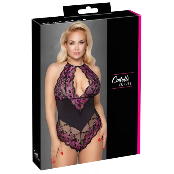 Cottelli Plus Size - spetsbody med blommor - svart/lila - 4XL