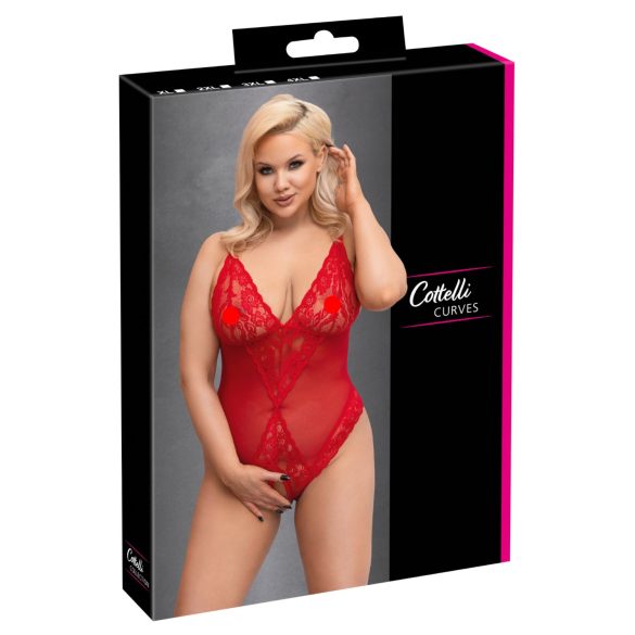 Cottelli Curves - body dam spets transparent röd - 3XL