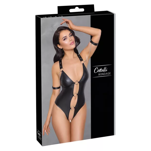 Cottelli Bondage - öppen body med ringar - blank svart - L