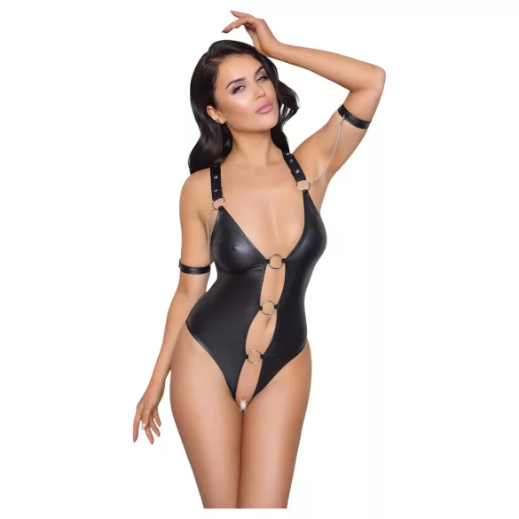 Cottelli Bondage - öppen body med ringar - blank svart - XL
